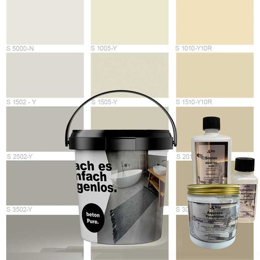 Komplett-Set Mikrozement betonPure 5qm mit SINOLAN Versiegelung - NCS Farben - verarbeitungsfertig -  fugenlos für Bad & Boden - inklusive Versiegelung
