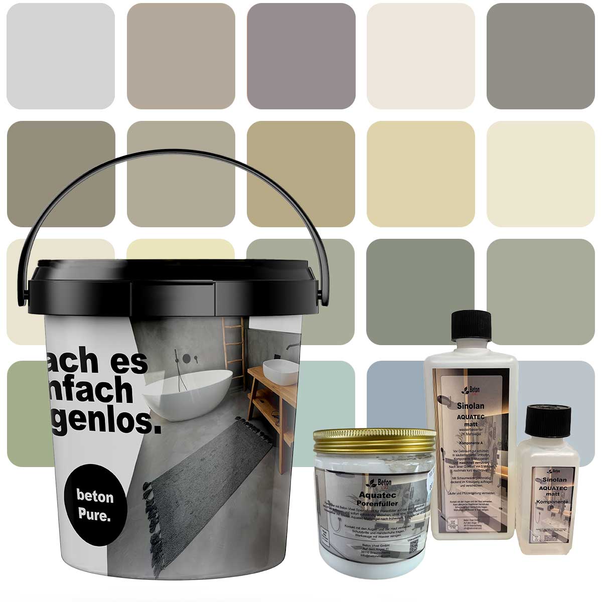 Komplett-Set Mikrozement betonPure 5qm - verarbeitungsfertig - fugenlos für Wand, Boden, Bad- inklusive Versiegelung - Standardfarbpalette